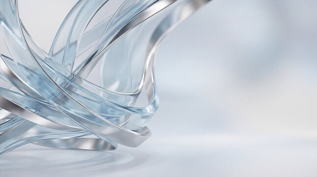 Translucent glass ribbons flow across a pale blue background, with smooth organic curves, silver reflections and delicate highlights in an elegant abstract composition.