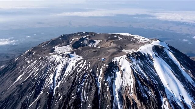 キリマンジャロ山頂カルデラの火口壁と氷河崖を斜め上方から捉えた空撮