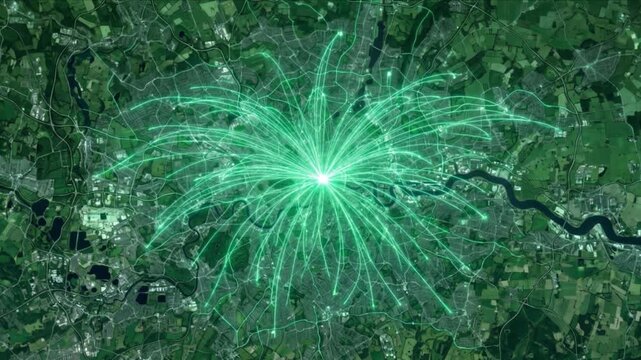 ロンドン上空の衛星写真から量子ネットワークの光線が拡散する動画素材