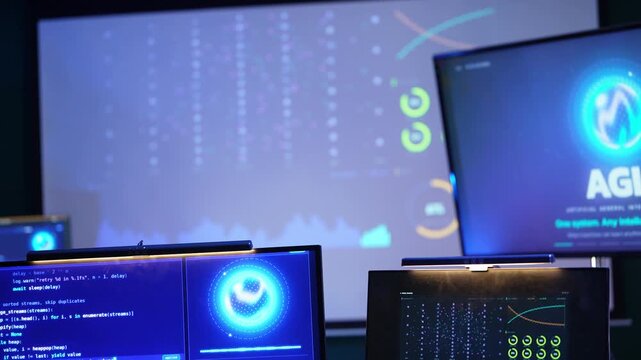Close view of glowing AI screens with no people, an AGI logo turning into slides about artificial general intelligence, code and charts on monitors below in a dark lab