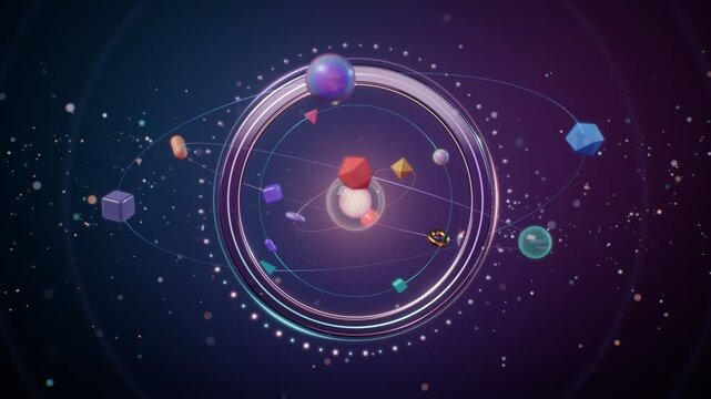 3D iridescent circular frame with colorful geometric shapes and glass objects orbiting