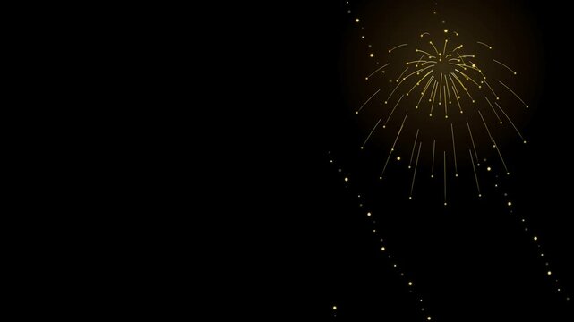 Spectacular weeping willow golden firework bursting in top right corner with shimmering cascading sparks raining down, festive celebration pyrotechnics overlay on dark black background