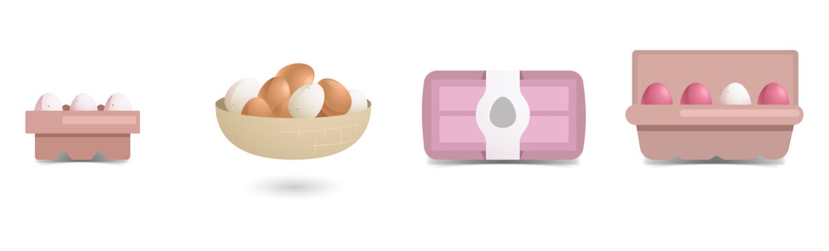 Set of cartoon egg cartons and basket with various organic eggs transparent background