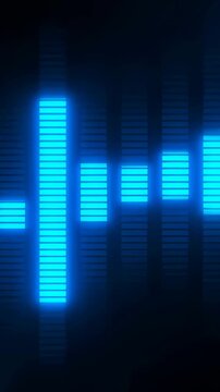 Glowing blue equalizer bars pulse across a dark digital background. Music visualizer, podcast graphics, and radio programming.