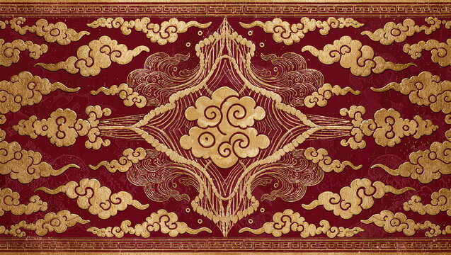 Asian brocade-style wallpaper with cloud and wave motifs in gold on burgundy, regal pattern