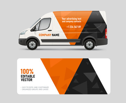 Cargo van mockup with orange and black diagonal livery and company name text. Editable vector van wrap template for business fleets and vehicle advertising design