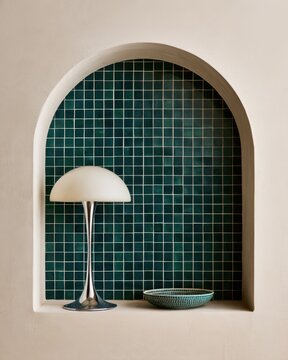 Modern interior alcove with green tiled arch and chrome lamp, ceramic bowl for design, card, poster, background