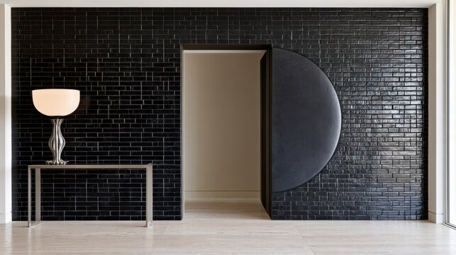 Modern minimalist entrance interior with black tiled wall, sculptural lamp and circular partition for interior design, poster and background