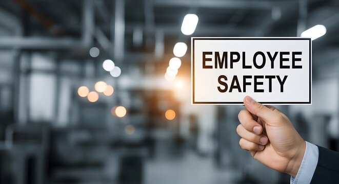 A hand holding a sign with the text EMPLOYEE SAFETY in an industrial setting for the concept of workplace safety and security.