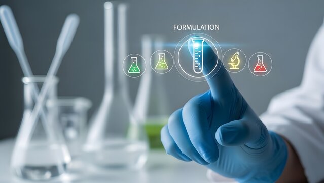 Hand in lab coat touching screen about Formulation 