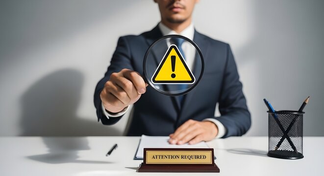 A businessman holding a magnifying glass over a warning sign for the concept of attention required and business risk.