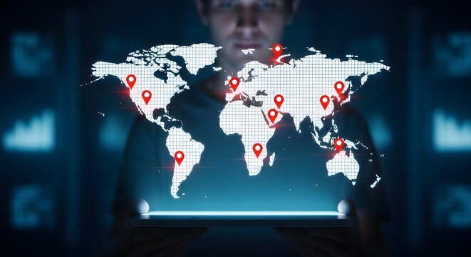 A person holding a tablet displaying a world map with location pins for global connection and technology.