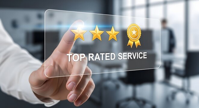 A hand touching a screen with three stars and the words TOP RATED SERVICE for the concept of customer satisfaction and excellent feedback.
