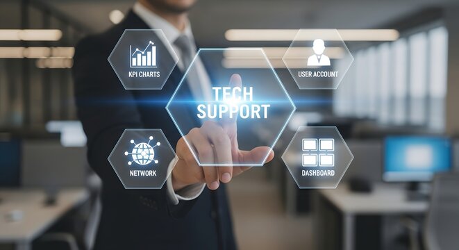 A businessman touching a futuristic interface with tech support icons for the concept of technology and customer service.