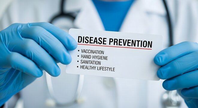 A close-up of a doctor holding a card that says Disease Prevention with a stethoscope around their neck.