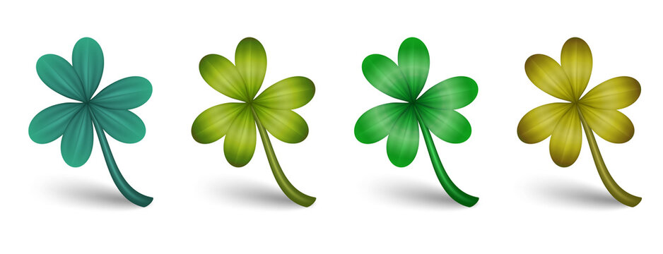 Set of four colorful shamrock leaves with different gradient colors transparent background