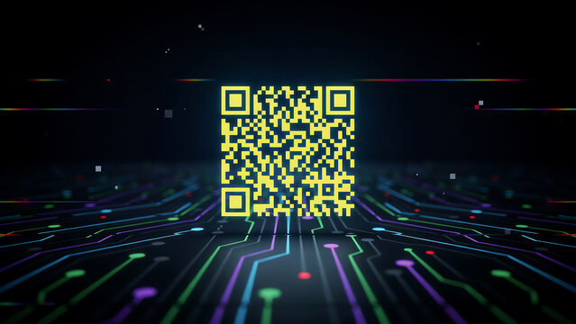 Glowing yellow neon QR code floating above colorful circuit board lines on dark futuristic background representing digital scanning data connection and modern technology