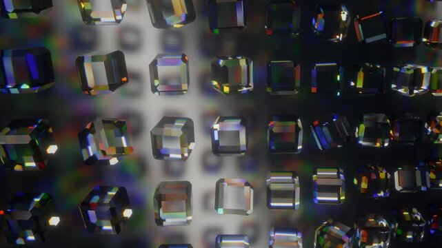 rotating glass cubes grid splitting white light into prismatic rainbow spectrum in seamless loop 4k