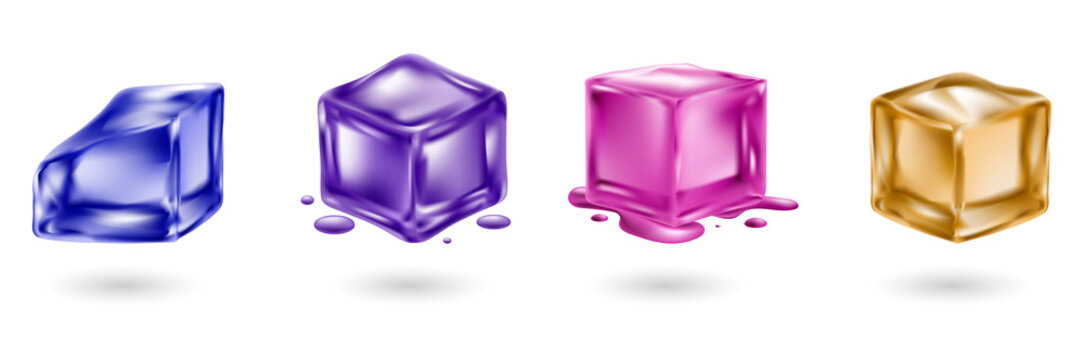 Set of four colorful translucent melting ice cubes transparent background
