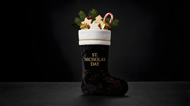 Dark velvet christmas boot filled with holiday treats and golden st nicholas day text