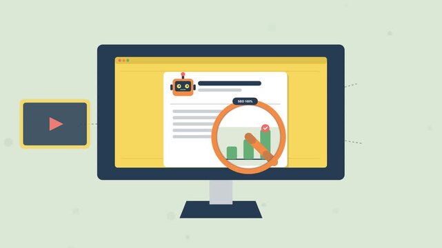 Flat vector animation of AI content creation and SEO analytics with magnifying glass, rising bar charts and digital media distribution