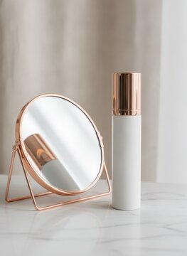 Blank white cosmetic bottle with rose gold cap beside round mirror on white marble table