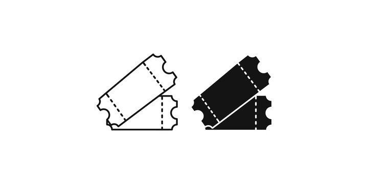 Pair of cinema or event tickets represented as outline and solid icons for ticketing systems.