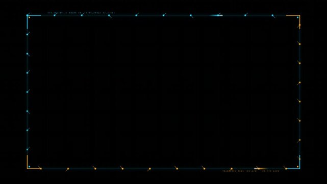 High-tech rectangular HUD border frame featuring futuristic dual-tone amber orange and sci-fi blue telemetry lines, data readouts, and digital targeting grids on dark tech background