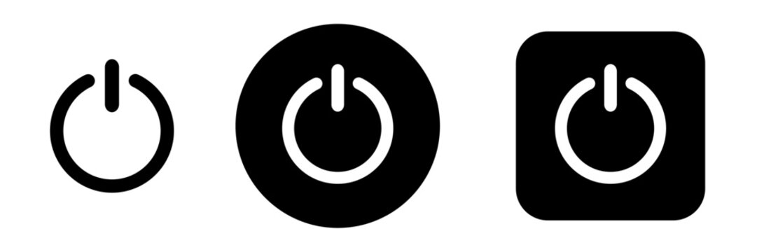 Power button icon set with power on off symbols. Solid black toggle switch indicators for device control, electronics, startup and shutdown interfaces