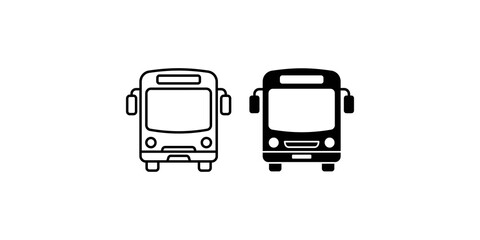 Front view bus icon set in outline and filled solid black styles. © Nimra
