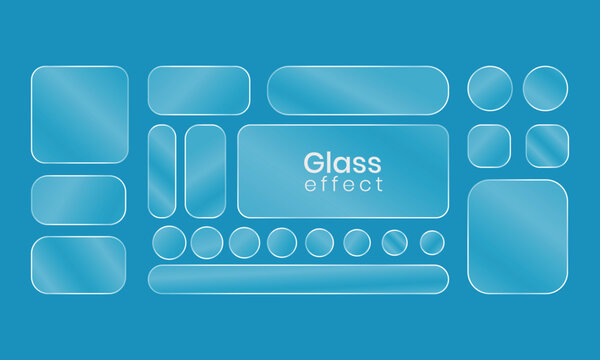 Transparent Glass effect UI element set featuring smooth frosted acrylic buttons, banners, and geometric shapes on a vibrant blue background, 