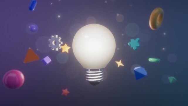 White 3D Lightbulb Glowing Softly With Colorful Idea Shapes Stars Gears Puzzle Pieces 4K
