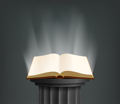 Open book with rays of light inside, on an antique column. Vector illustration