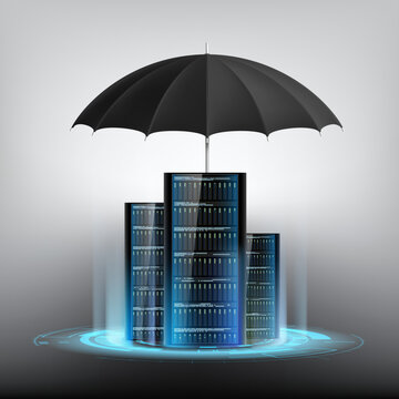 Data center protection. Umbrella over server racks. Vector illustration