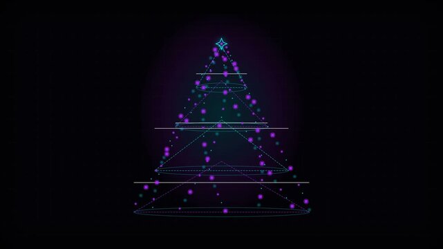 Futuristic holographic data Christmas tree pulsating with luminous cyan and violet digital light beams, high tech cyber network holiday celebration concept against dark cyberspace background