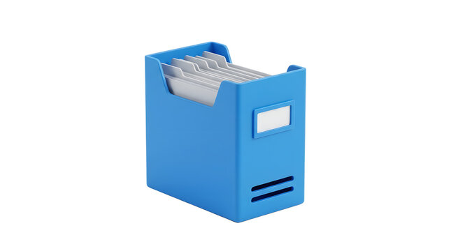 3D rendered blue plastic desktop file organizer box holding several light grey hanging folders with index tabs, featuring a blank label window on the front, isolated on a pure white background