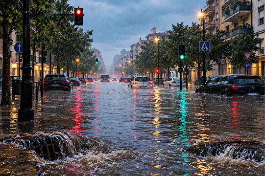 Inundaci&oacute;n por lluvia y arrastrar corriente en calle anegada de agua dana y gota fr&iacute;a inundar carretera litro por metro cuadrado con coche, alcantarilla desbordada y desastre natural anegar calzada