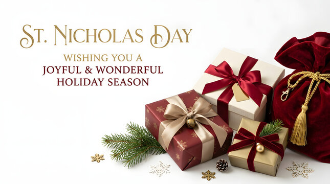 St nicholas day celebration background with gift boxes and velvet bag pine branch winter holiday presents