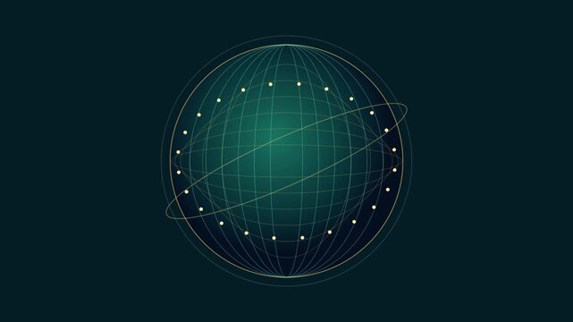 Glowing wireframe globe rotating with luminous orbital rings against dark futuristic cyberspace background