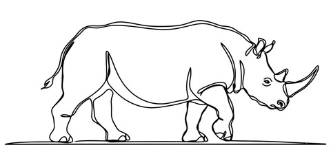 Single line art of rhinoceros walking profile view capturing powerful wild animal silhouette in minimalist black stroke. © S Arts & Culture