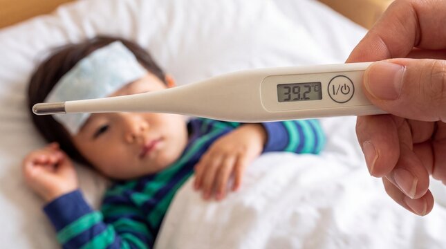 Child health monitoring and pediatric care concept photo. Digital thermometer showing high fever. Parent holding medical device near sick child lying in bed with a cold compress. Healthcare support