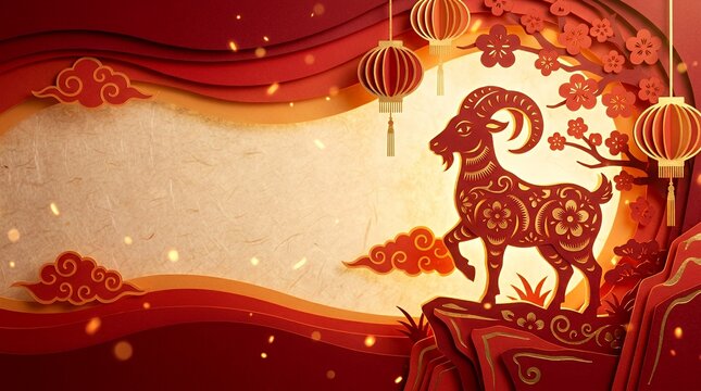 Chinese New Year background with a paper cut style goat and traditional lanterns.