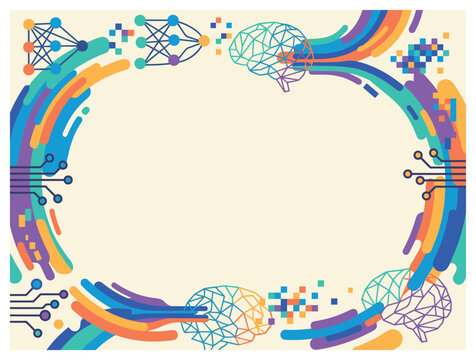 Technology and artificial intelligence background design with neural networks brains circuits and colorful waves for presentation in abstract vector style