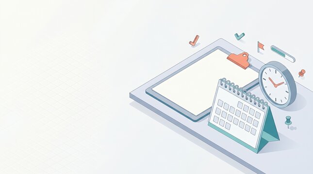 Isometric illustration of office desk with tablet calendar and clock for time management.