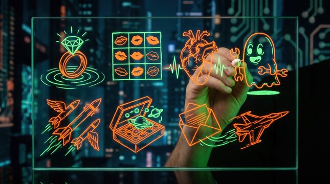 Hands drawing neon futuristic icons of a diamond ring, lips, heart, ghost, winged rockets, jewelry box, envelope, and jet on a transparent glass mirror overlay for digital event