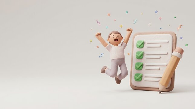 3D illustration of a happy character jumping next to a completed checklist with a pencil.