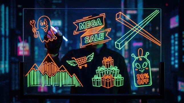 Retail marketing and sales promotion concept, hand drawing neon icons of winged shopping cart, gift boxes, and mega sale banner on screen, e-commerce strategy, discount event, profit