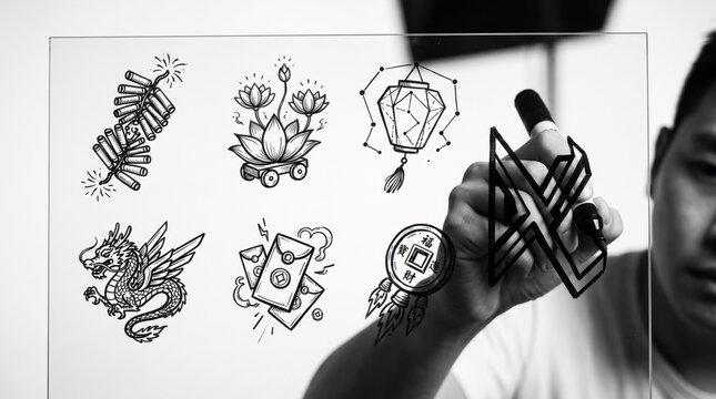 Digital drawing event concept, hands interacting with icons of Chinese dragon, firecrackers, lotus flowers, traditional lanterns, and red envelopes on glass mirror, transparent overlay