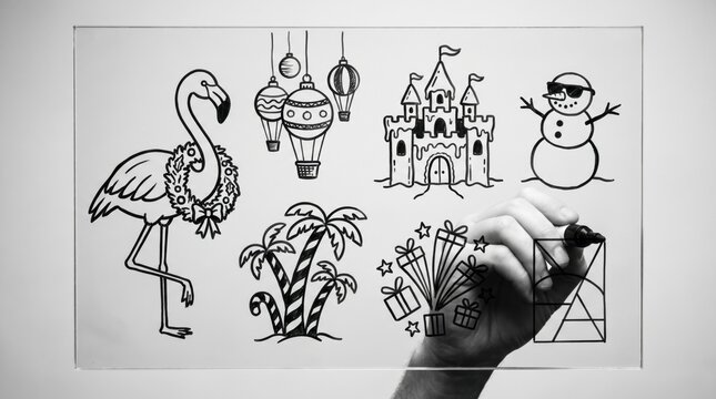 Digital drawing event concept, hands interacting with icons of flamingo, hot air balloons, sandcastle, snowman, and palm trees on glass mirror, transparent overlay design
