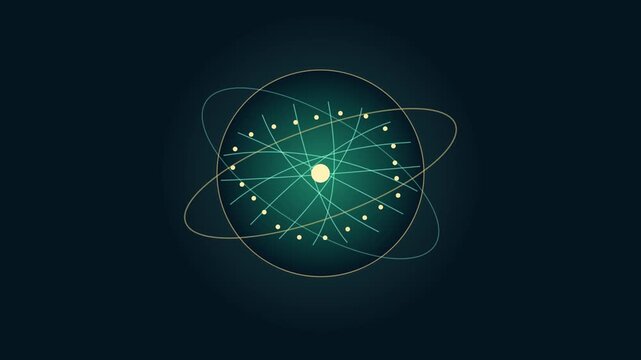 Glowing atomic structure spinning with complex orbital rings against a dark background